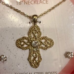 Vintage NIB Cross Necklace & Stud Earring Set – Gold Tone – Surgical Steel Posts